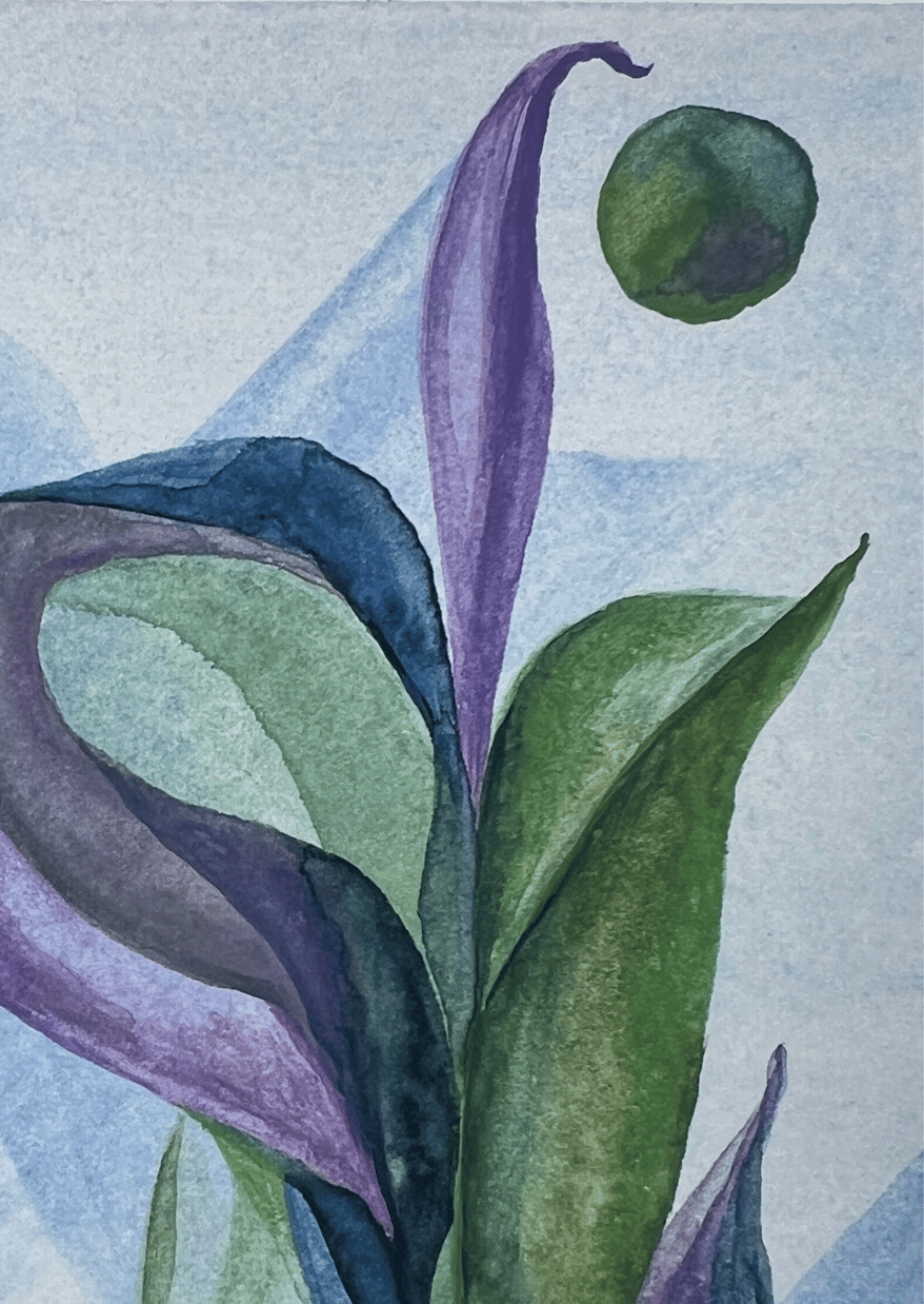 Artistic depiction of leaves with a focus on purple and green on a textured blue background