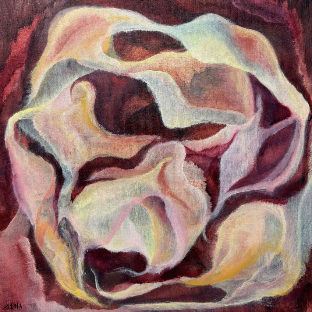 Abstract painting of a rose with wavy, multicolored petals on a dark background