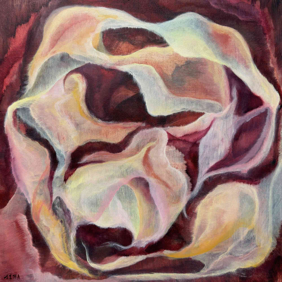 Abstract painting of a rose with wavy, multicolored petals on a dark background
