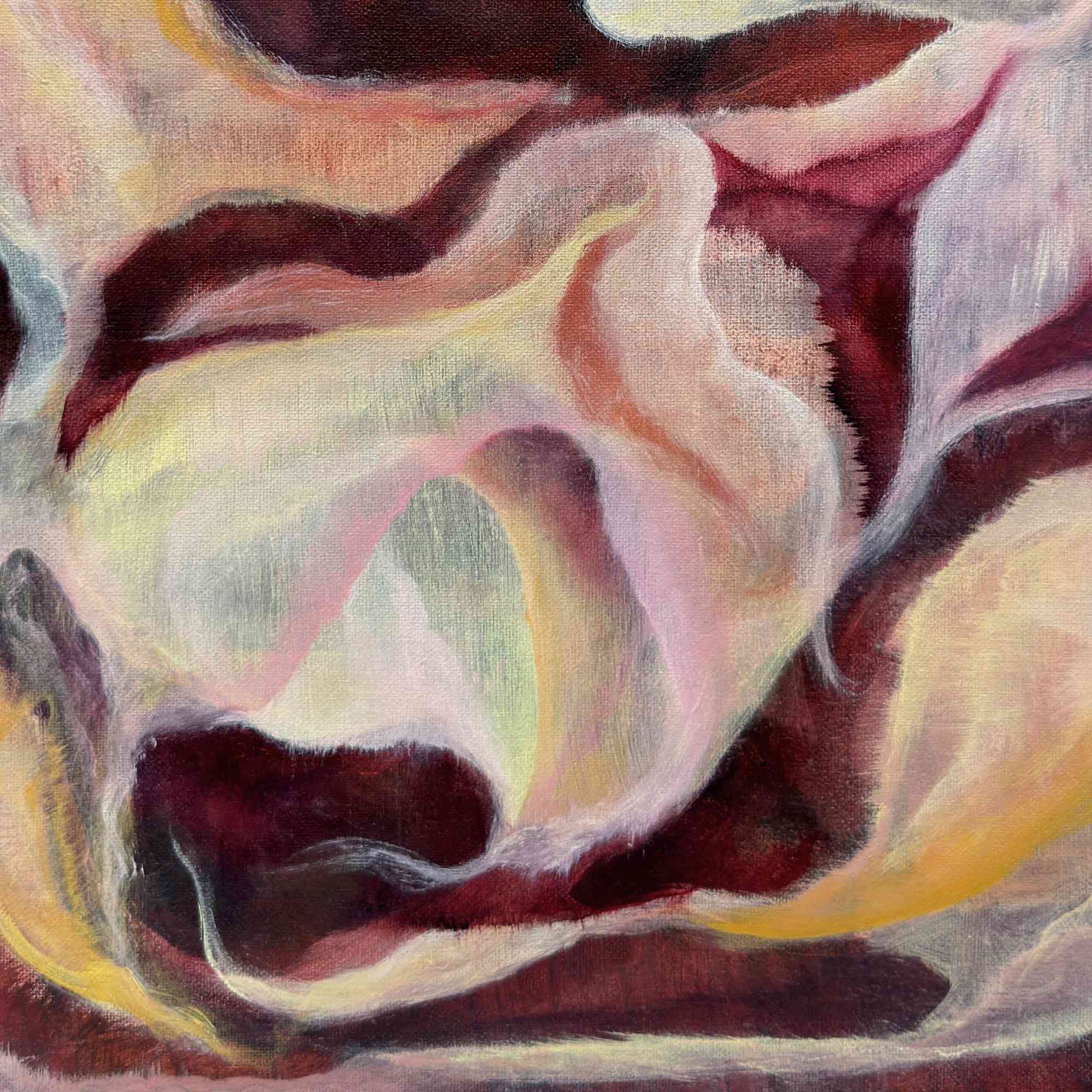 Abstract painting with soft, blended colors in shades of pink, red, and beige.