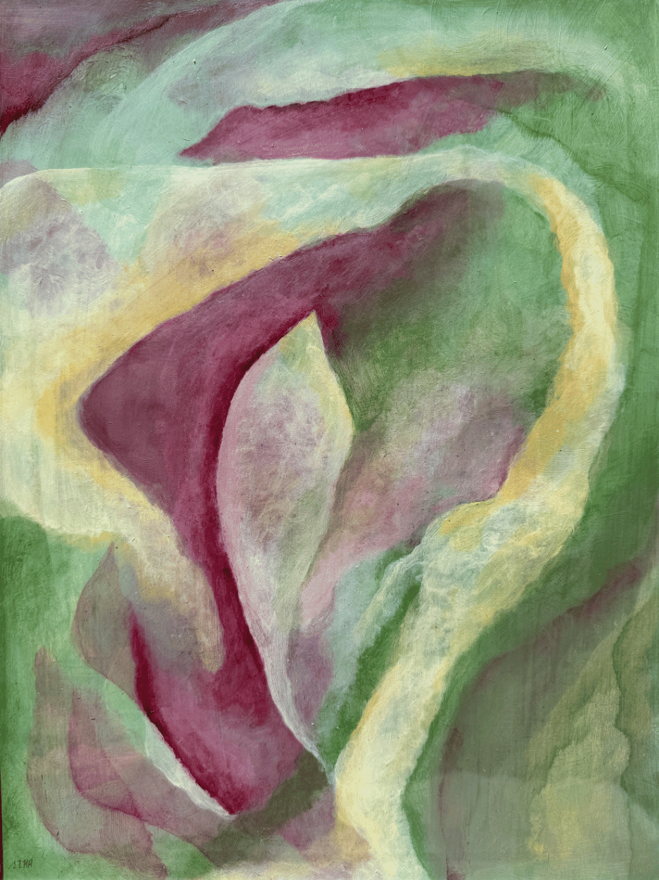 Abstract art with wavy lines in green, yellow, and pink