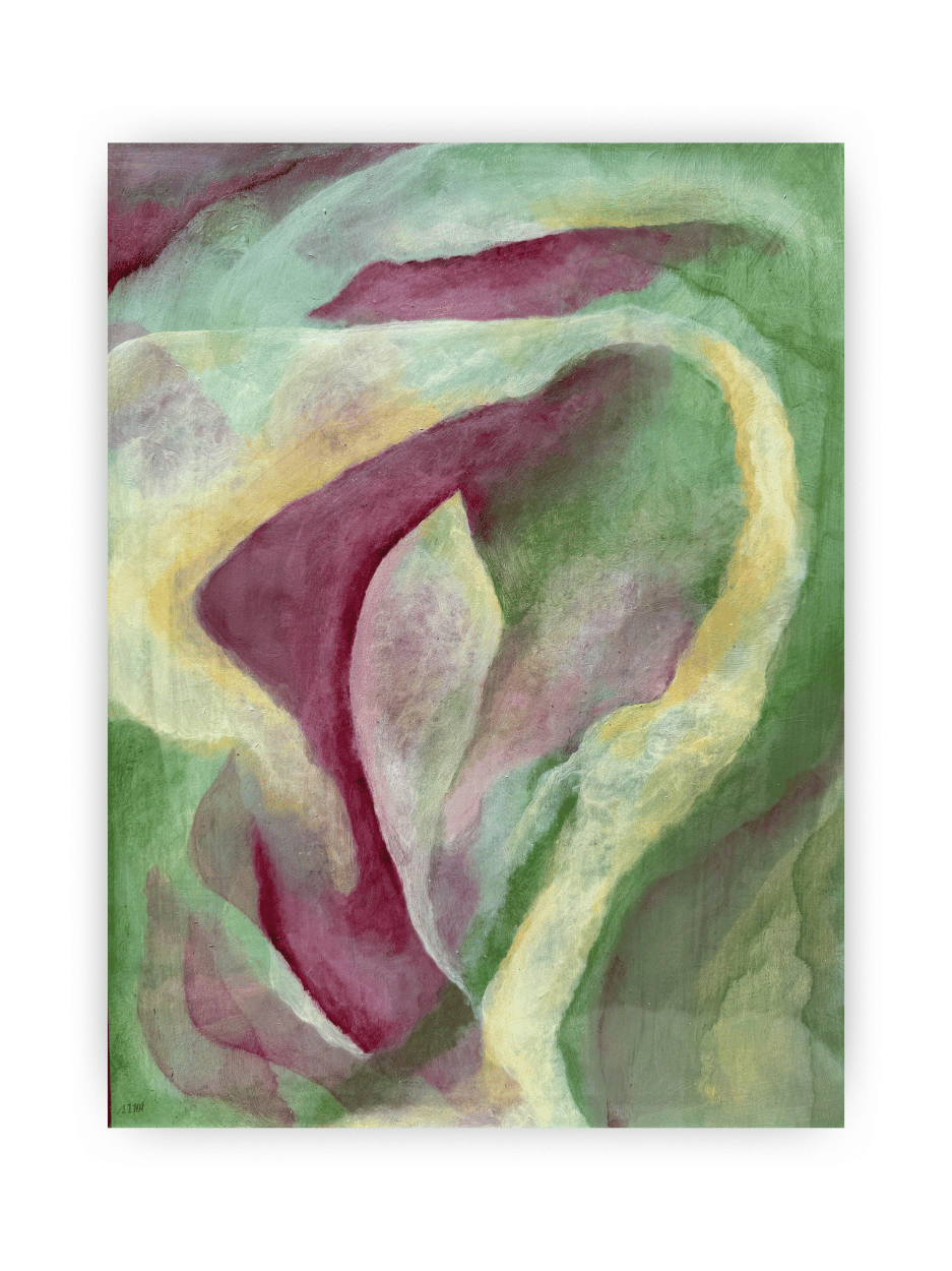 Abstract art piece with swirling colors on a white background