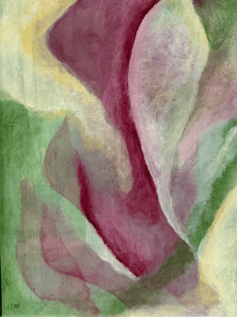 Abstract art piece with wavy lines in pink, green, and yellow.