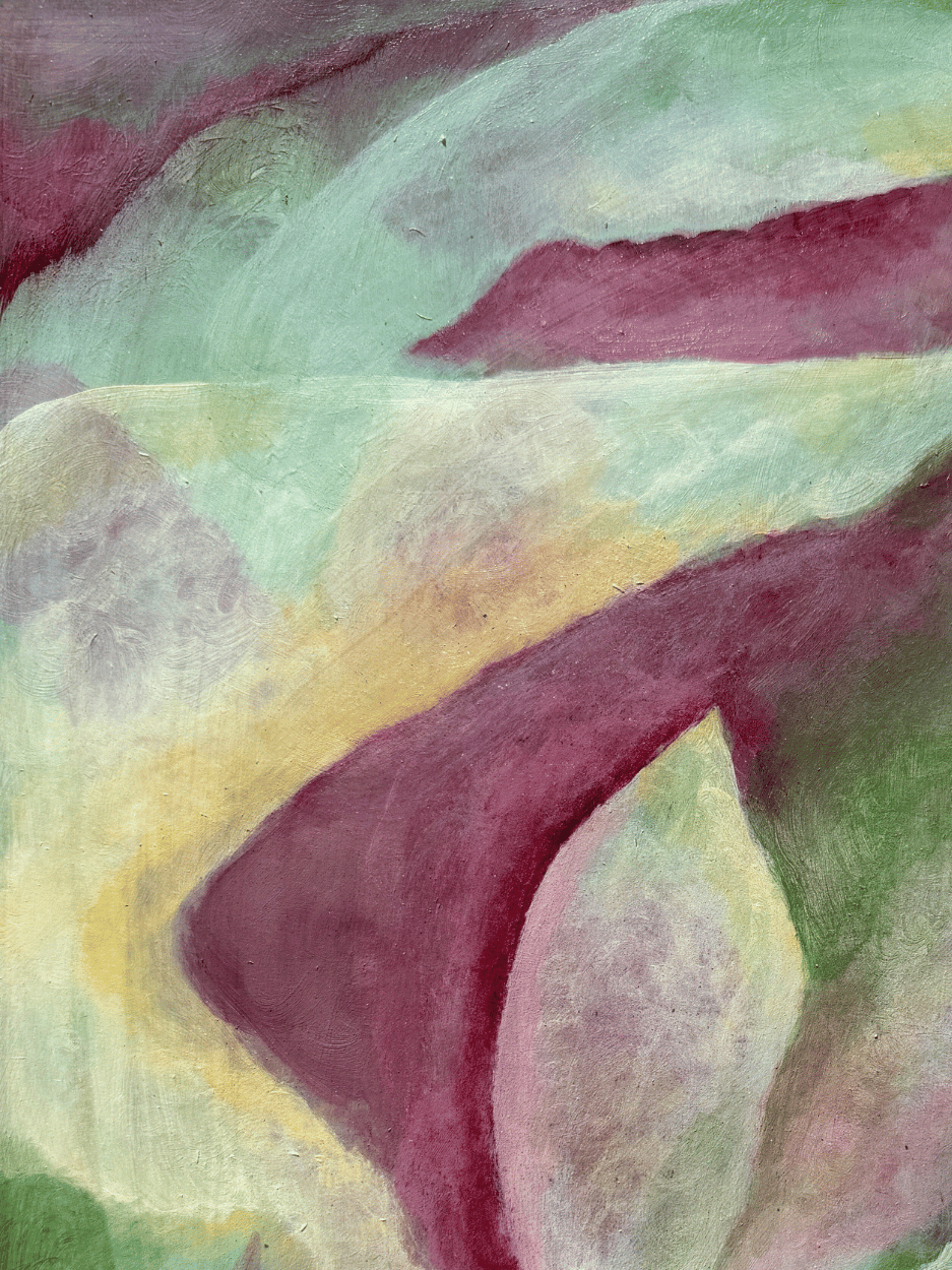 Abstract art with wavy lines in green, purple, and yellow.