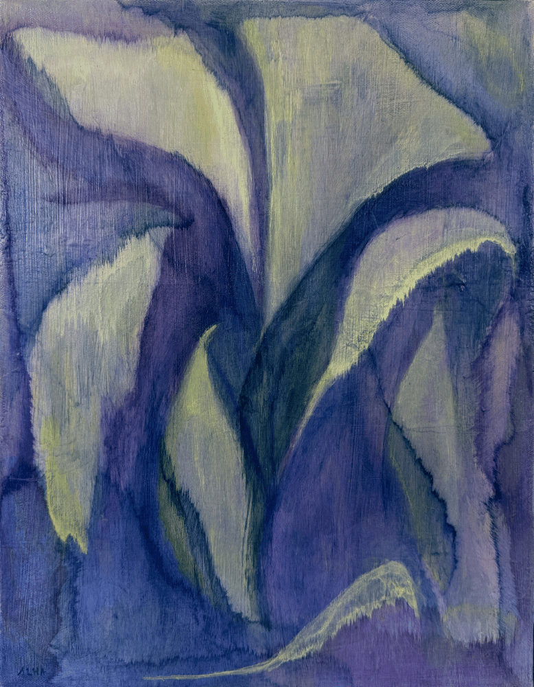 Abstract painting with wavy lines in blue, green, and purple on a textured surface.