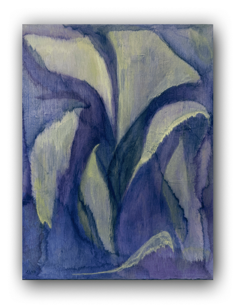 Abstract painting of a flower with purple and green hues on a white background