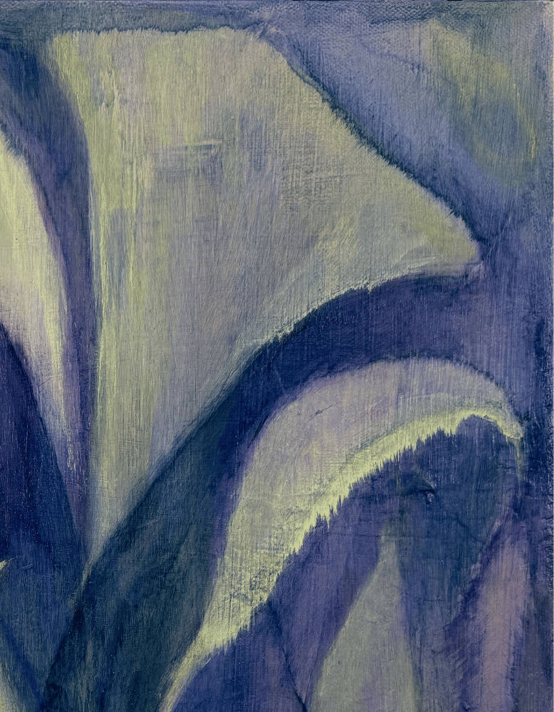 Abstract painting with wavy lines in blue and green on a textured surface