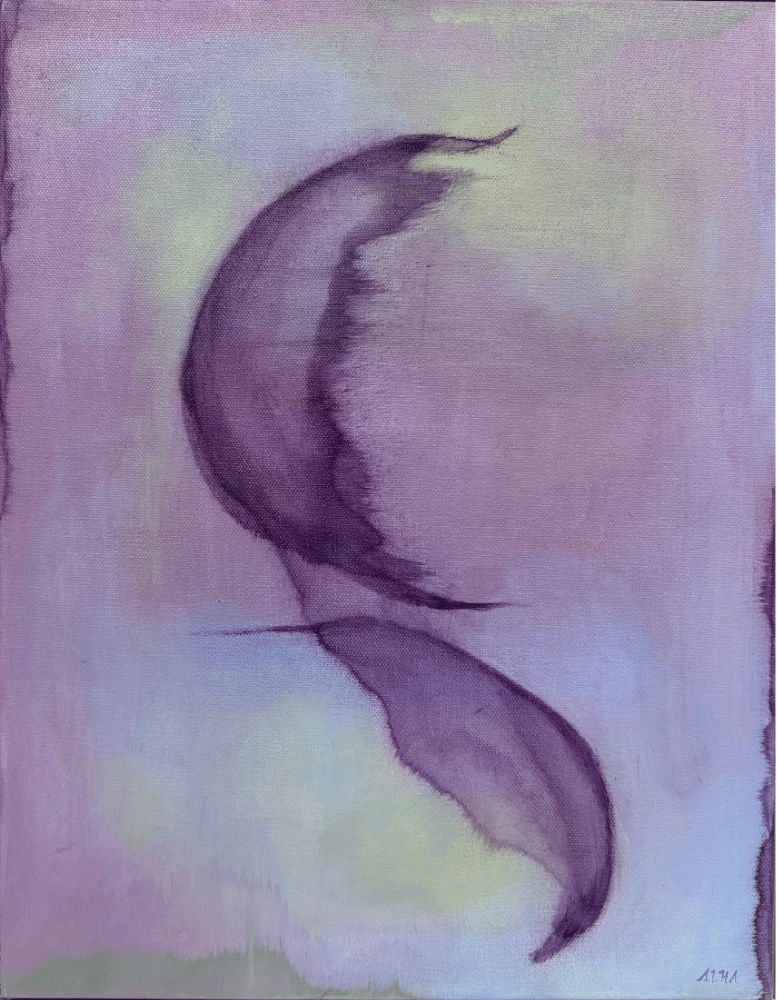 Artistic depiction of a stylized face with purple and yellow colors on a textured background