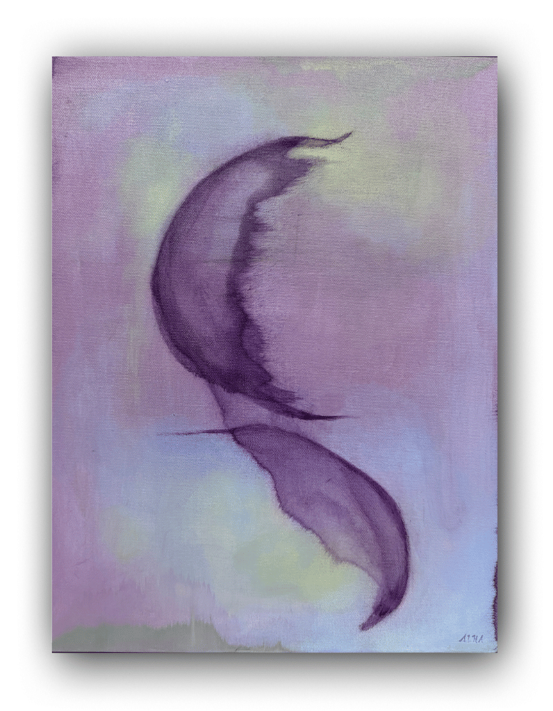 Abstract painting of a curved shape on a light purple background