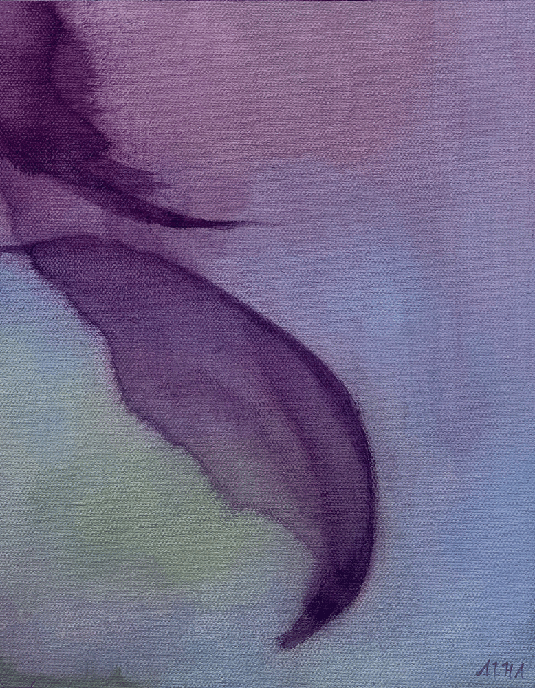 Abstract painting with purple and blue hues on a textured surface