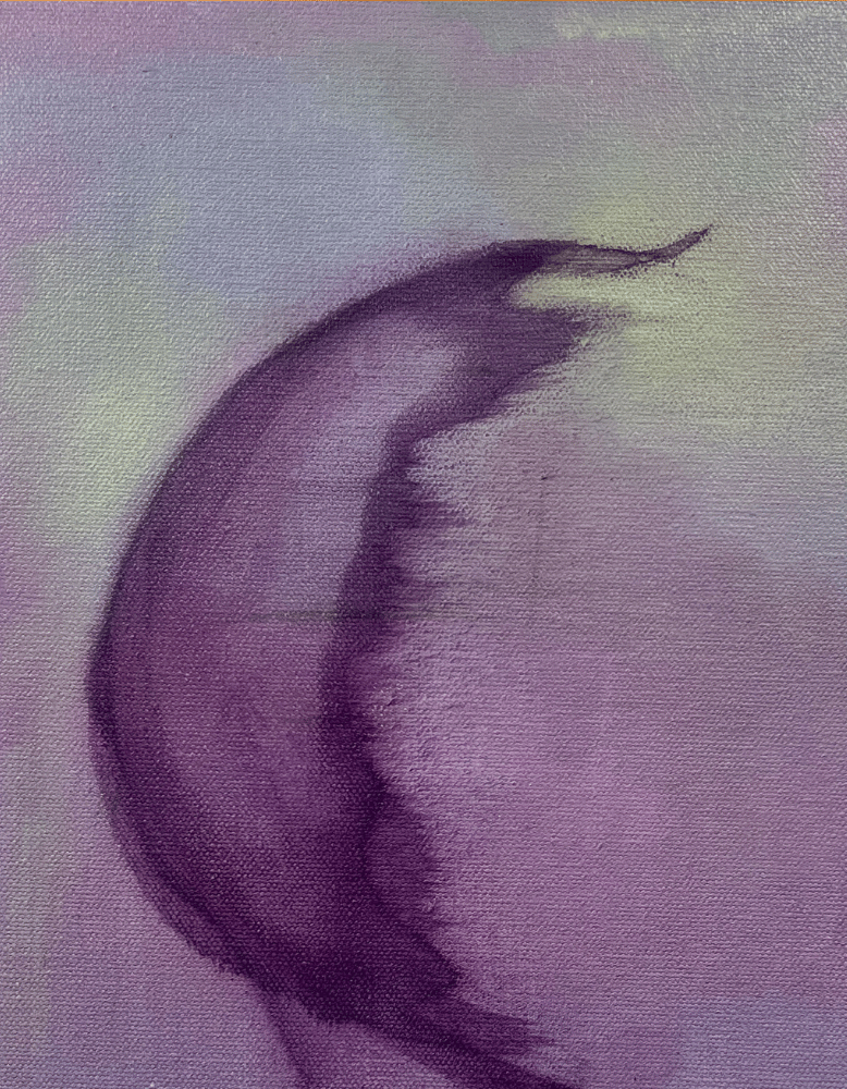 Abstract painting with a curved purple shape on a textured purple background