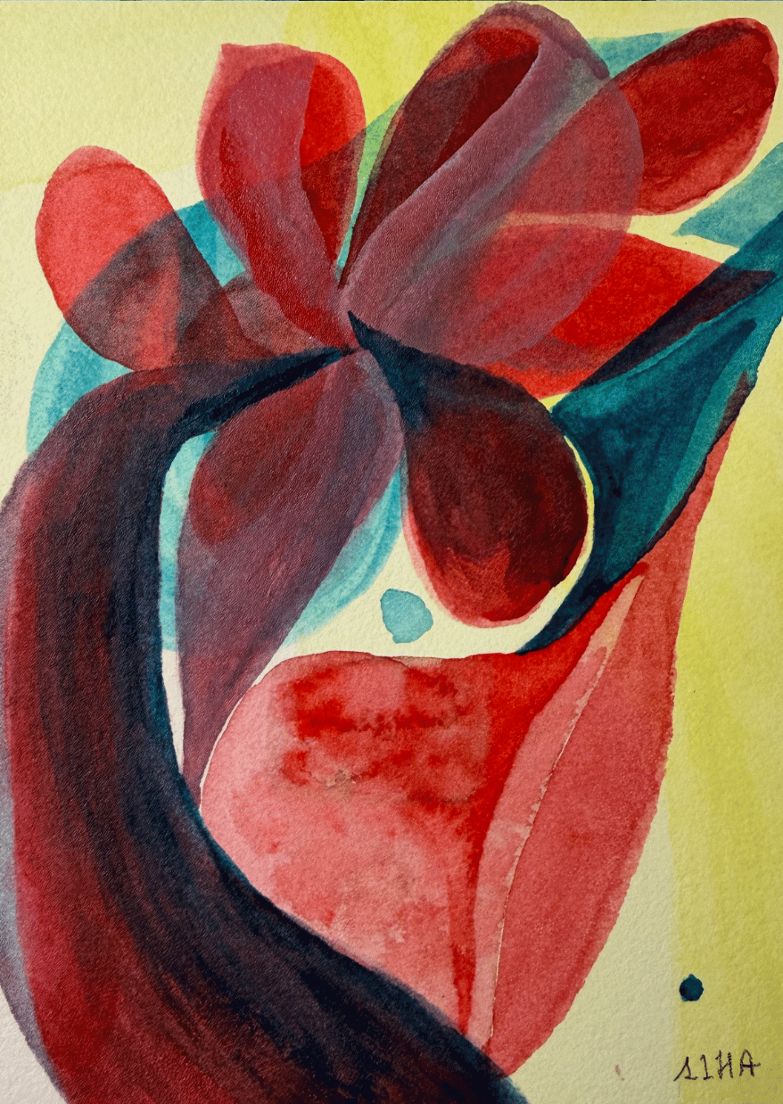 Abstract artwork with red and blue shapes on a yellow background