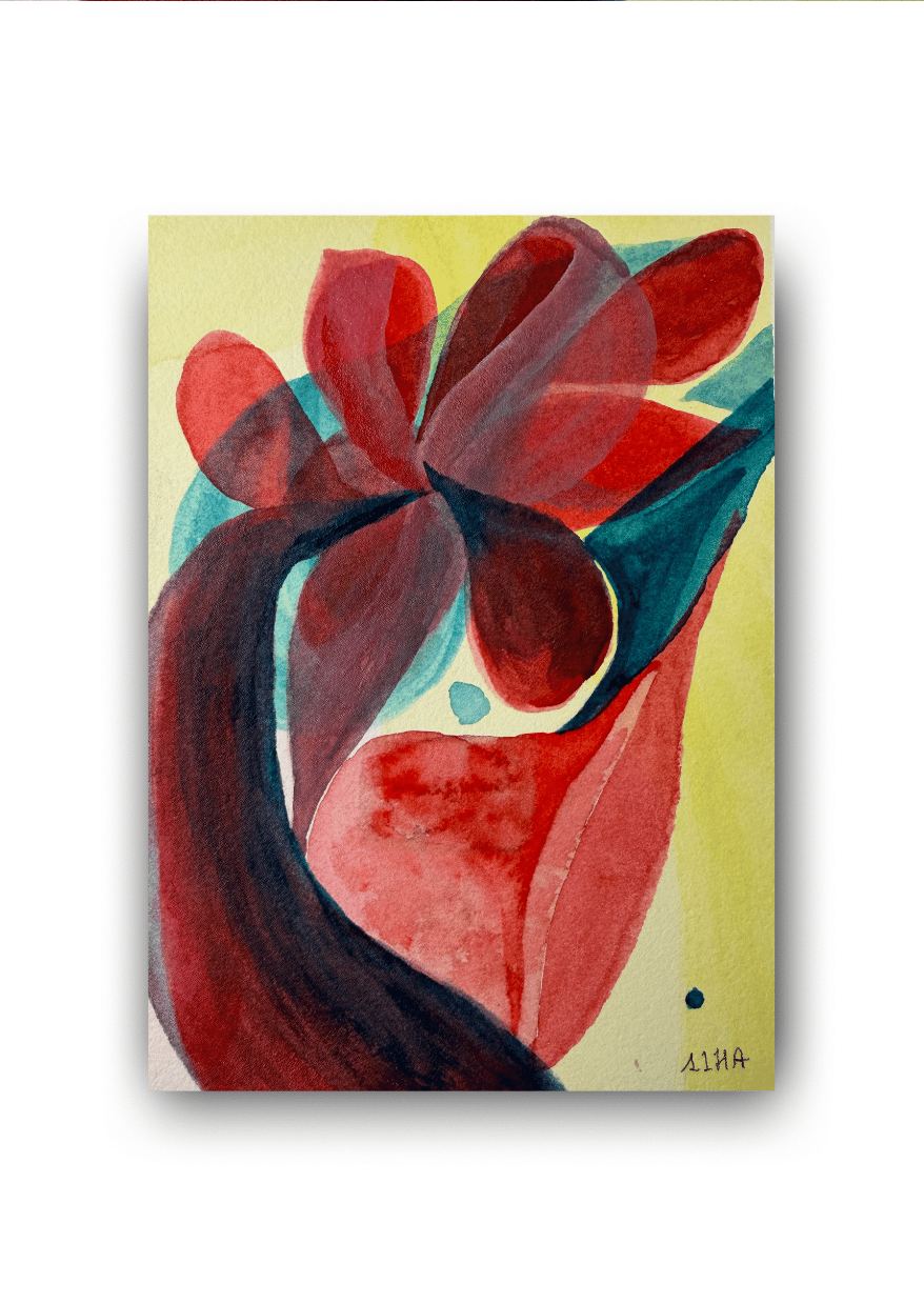 Abstract painting with red and blue shapes on a yellow background