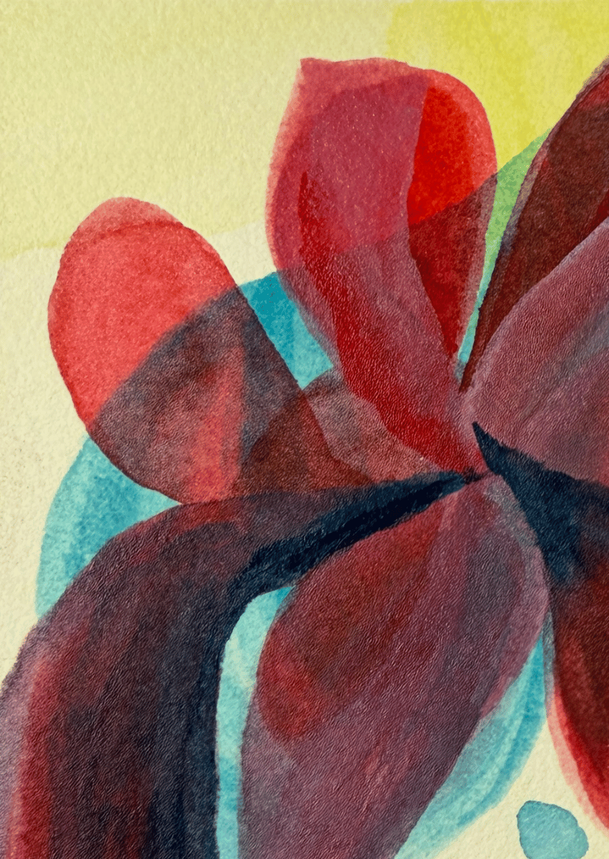 Abstract artwork with red, blue, and purple shapes on a beige background