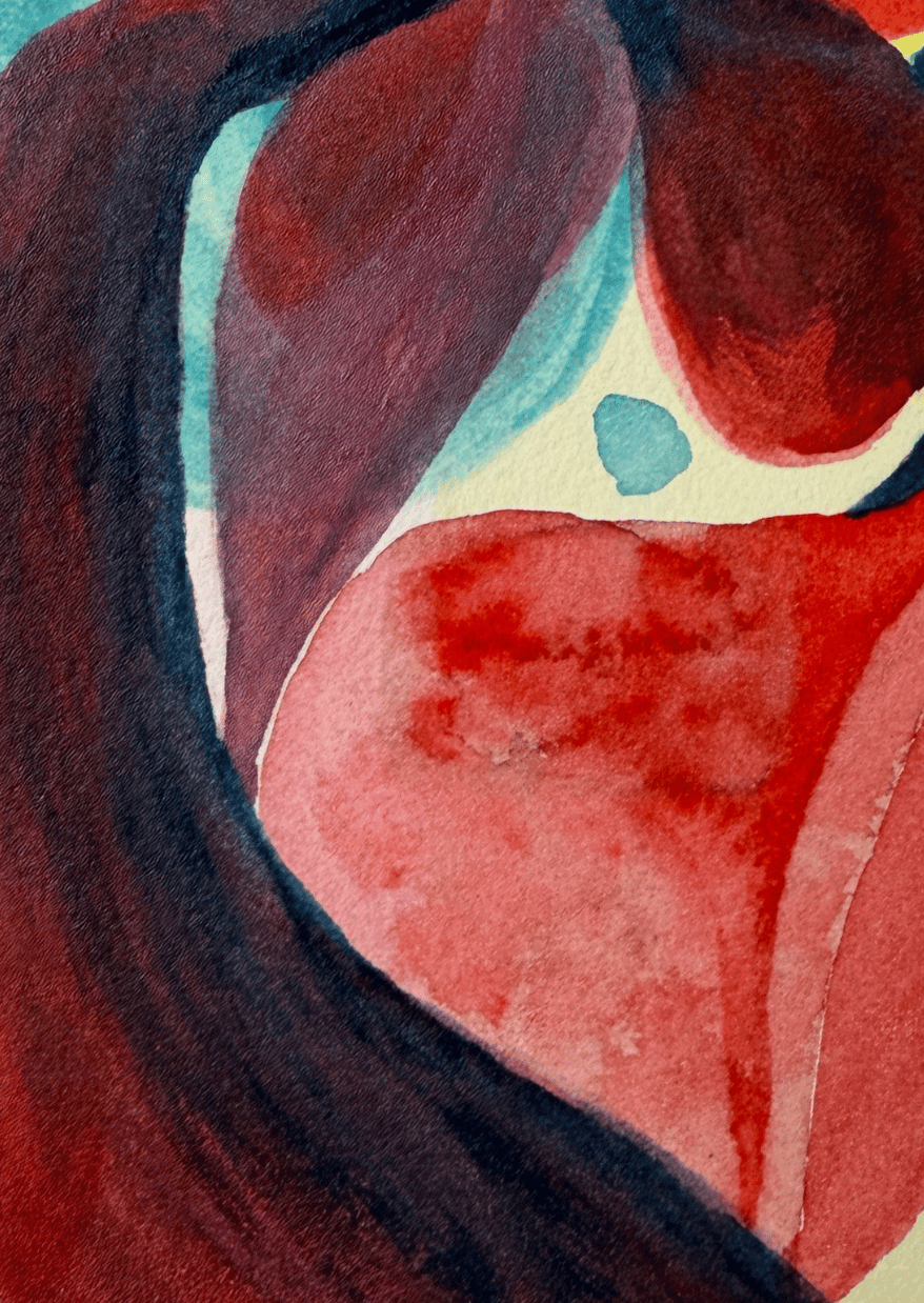 Abstract watercolor painting with red, blue, and brown colors